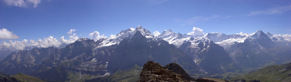 Wetterhorn, Schreckhorn, Finsteraahorn, Mönch and Eiger seen from Schwarzhorn, Grindelwald, Switzerland